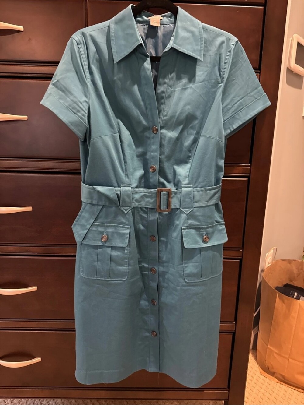 Ann Taylor Teal Button-Front Shirt Dress with Belt